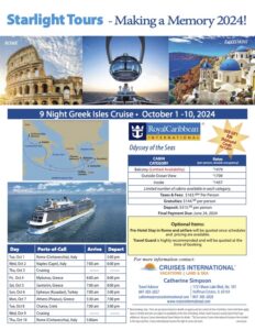 Starlight Tours 9 night Greek Isles Cruise . October 1-10, 2024