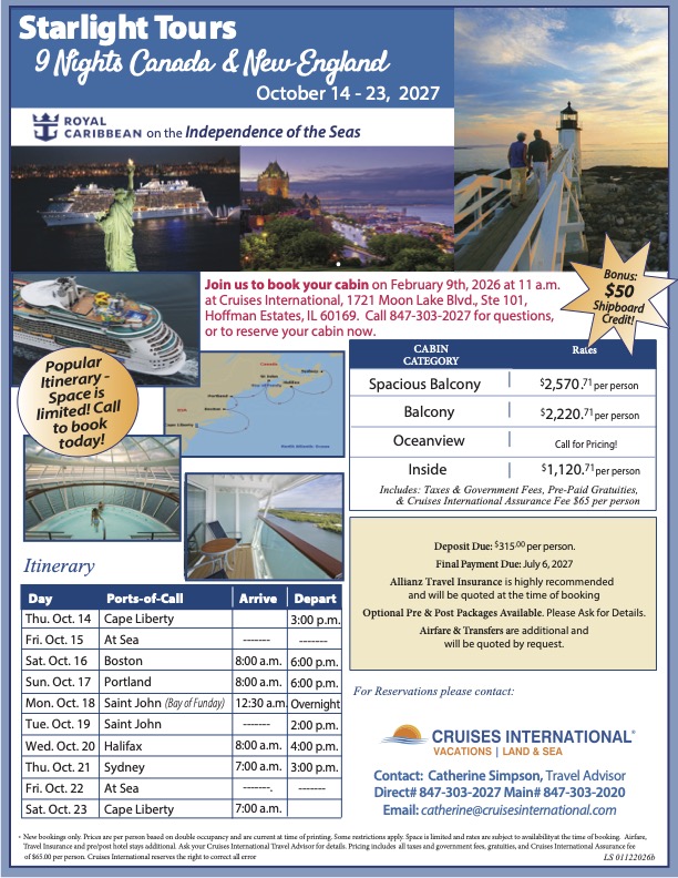 Starlight Tours 9 Nights Canada & New Englad